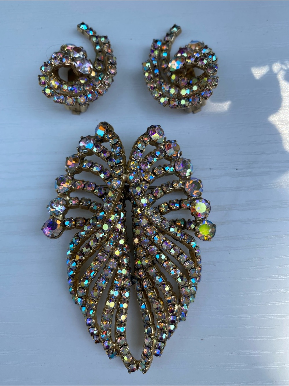 Aurora Crystal Gold-Tone Leaf Brooch and Earrings Set
